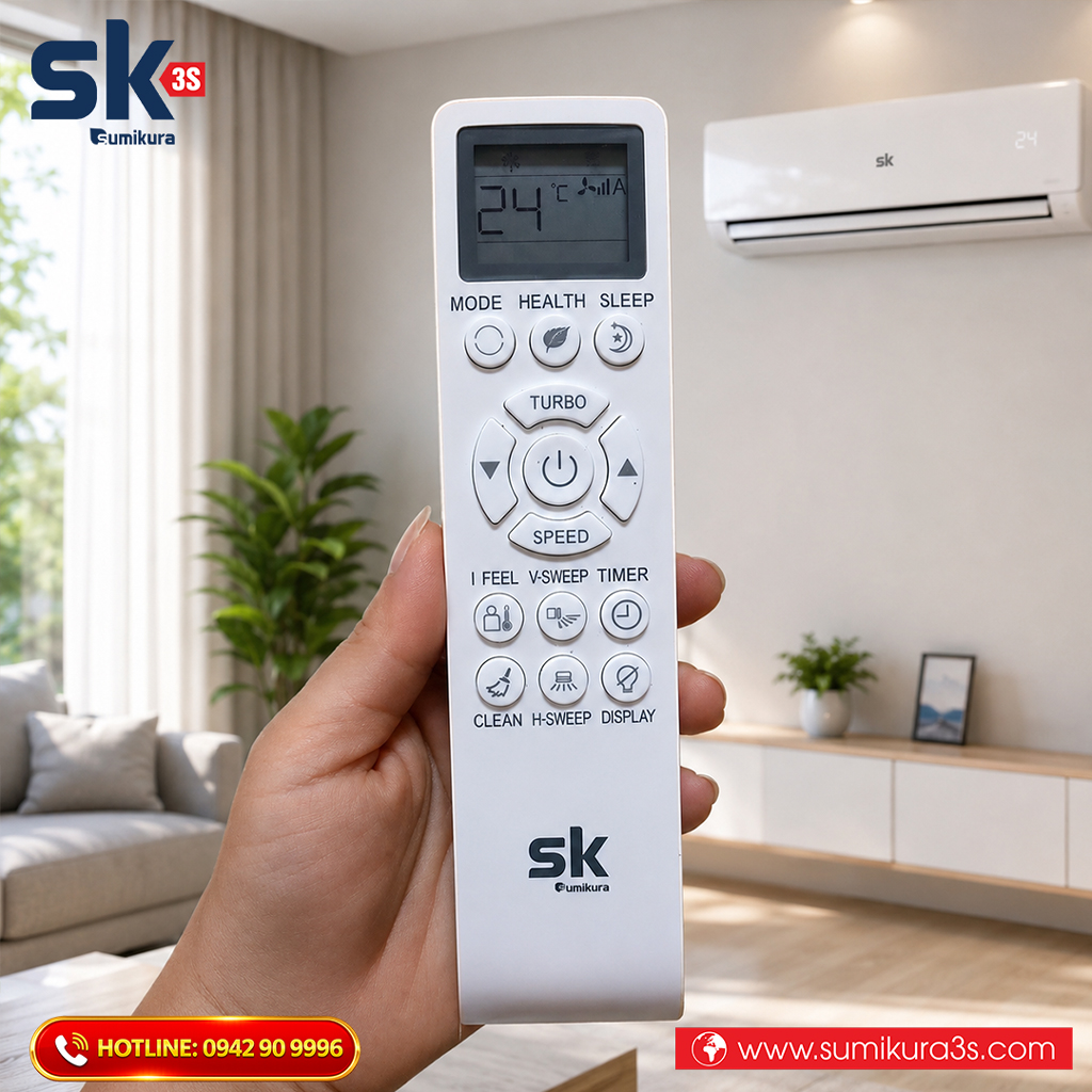 Các nút kí hiệu và nút chức năng trên chiếc remote điều hòa Sumikura