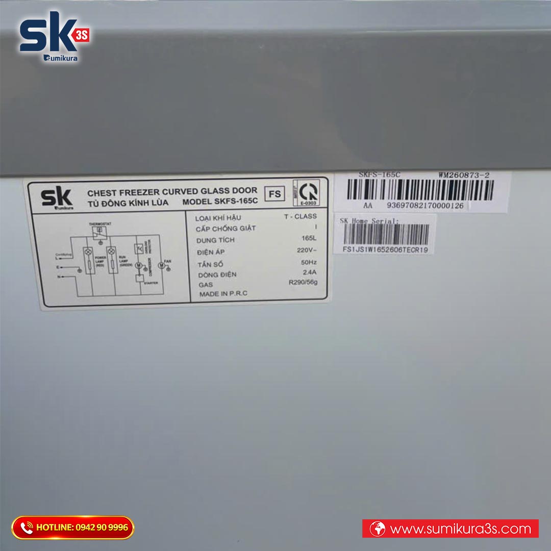 Tem thông số kỹ thuật tủ đông Sumikura SKFS-165C